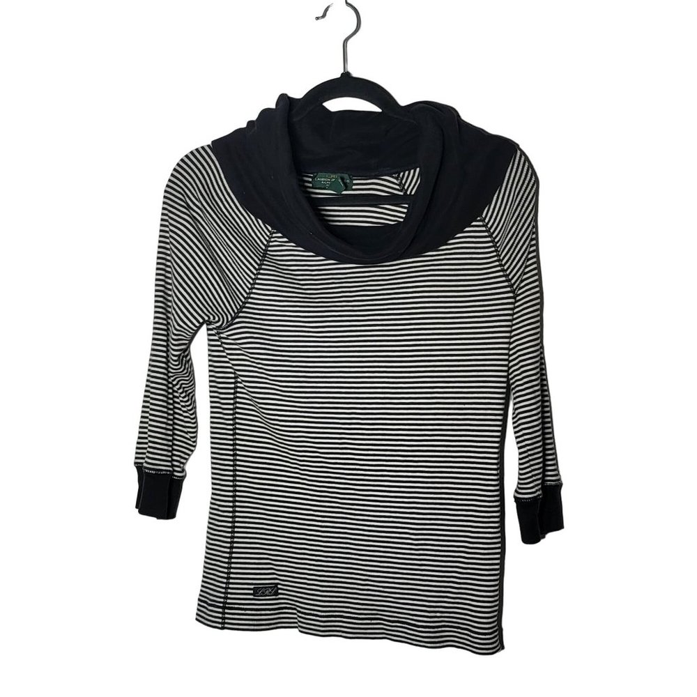 LRL Lauren Jeans Co‎ Ralph Lauren Women Striped Cowl Neck Shirt Petite Medium - Picture 2 of 10